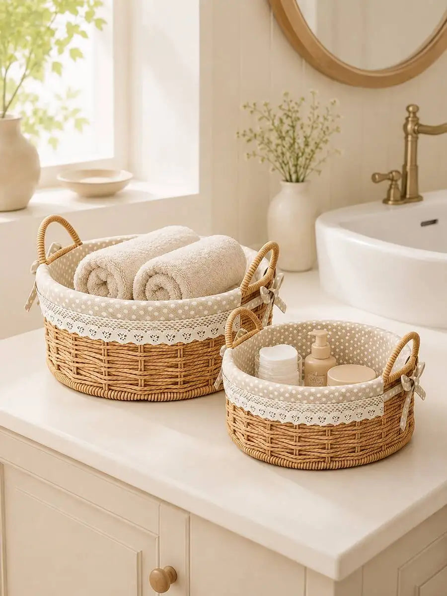 Natural Woven Wicker Basket With Lace Liner And Double Handles
