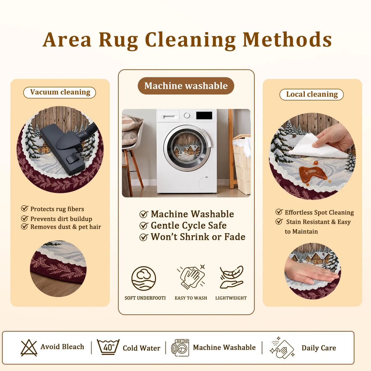 Round Winter Pine Branch Velvet Rug Machine Washable Plush Design