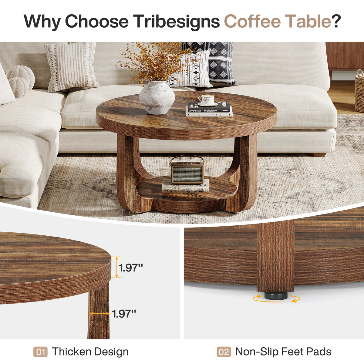 Tribesigns Modern Round Coffee Table With Two Tier Storage