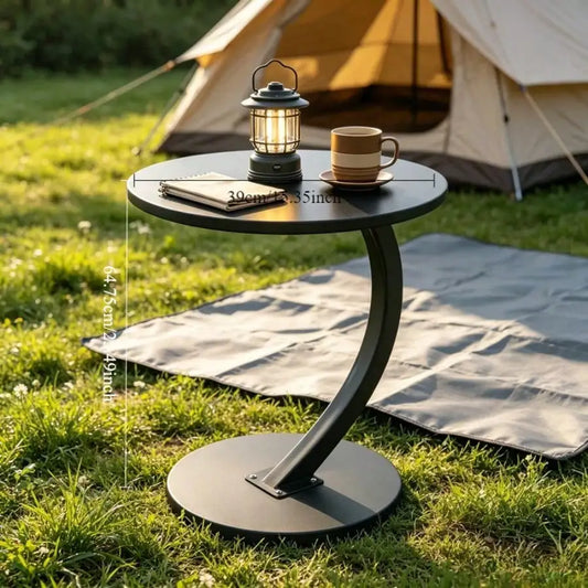 2-Tier C-Shape Metal Side Table with Faux Marble for Garden