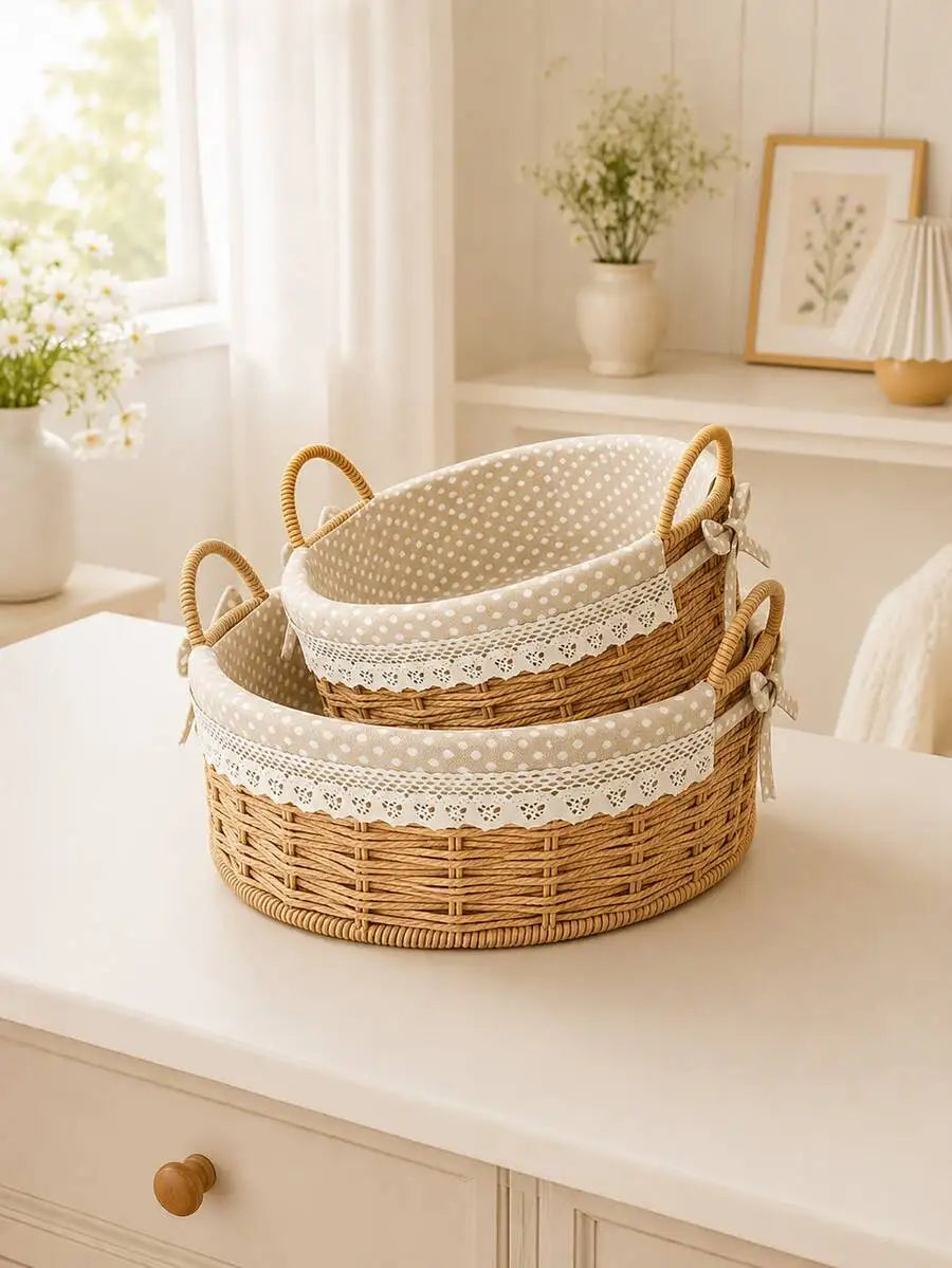 Natural Woven Wicker Basket With Lace Liner And Double Handles