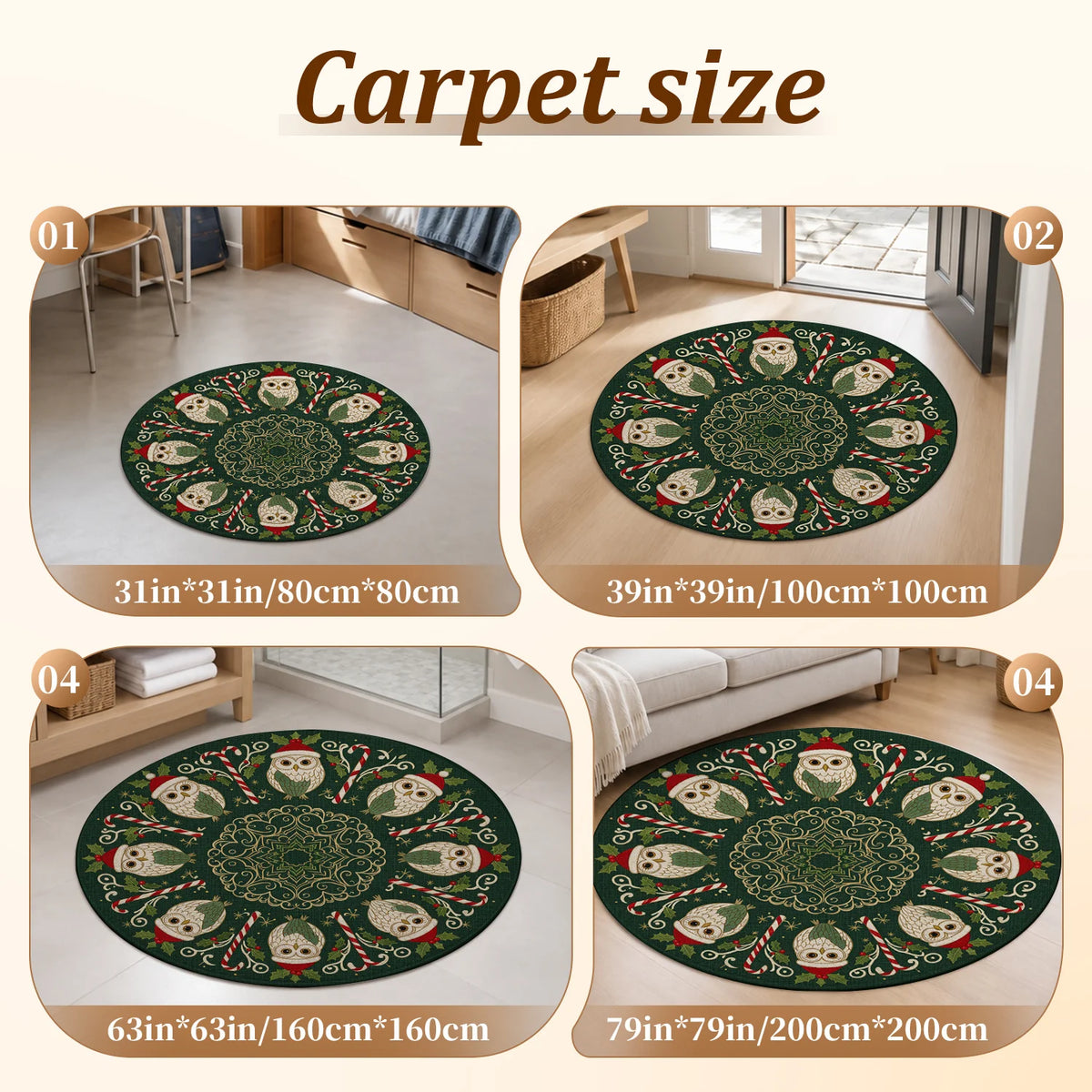Christmas Owl Candy Cane Plush Velvet Area Rug Living Room