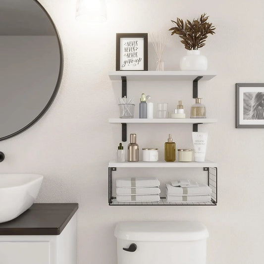 Elegant Over Toilet Wooden Shelf With Practical Storage Basket