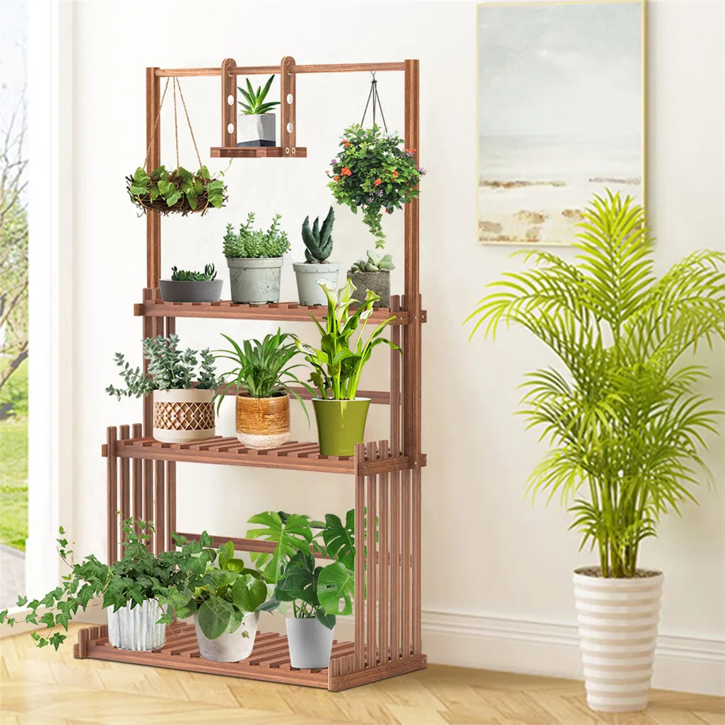 Multi Tier Wooden Hanging Plant Stand For Indoor And Outdoor