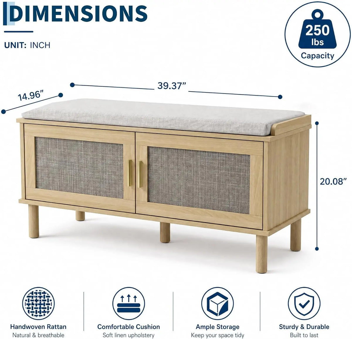 Garvee Cushioned Shoe Storage Bench With Adjustable Shelves