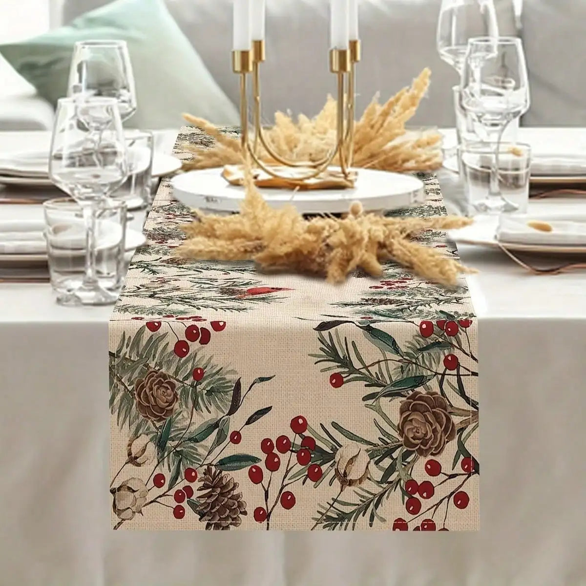 Pine Needle Printed Table Runner Farmhouse Christmas Home Decor