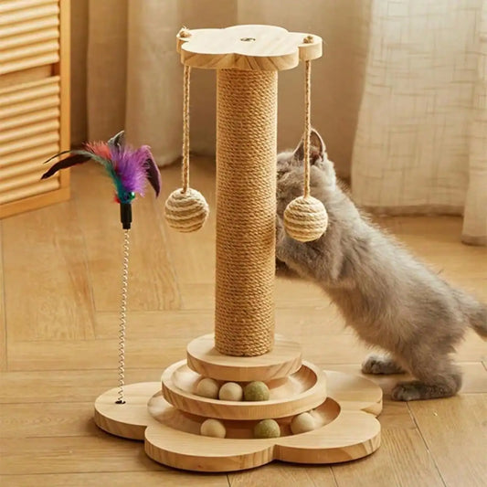 Interactive BambooCatScratchingPostWithActivityCenterAndToys