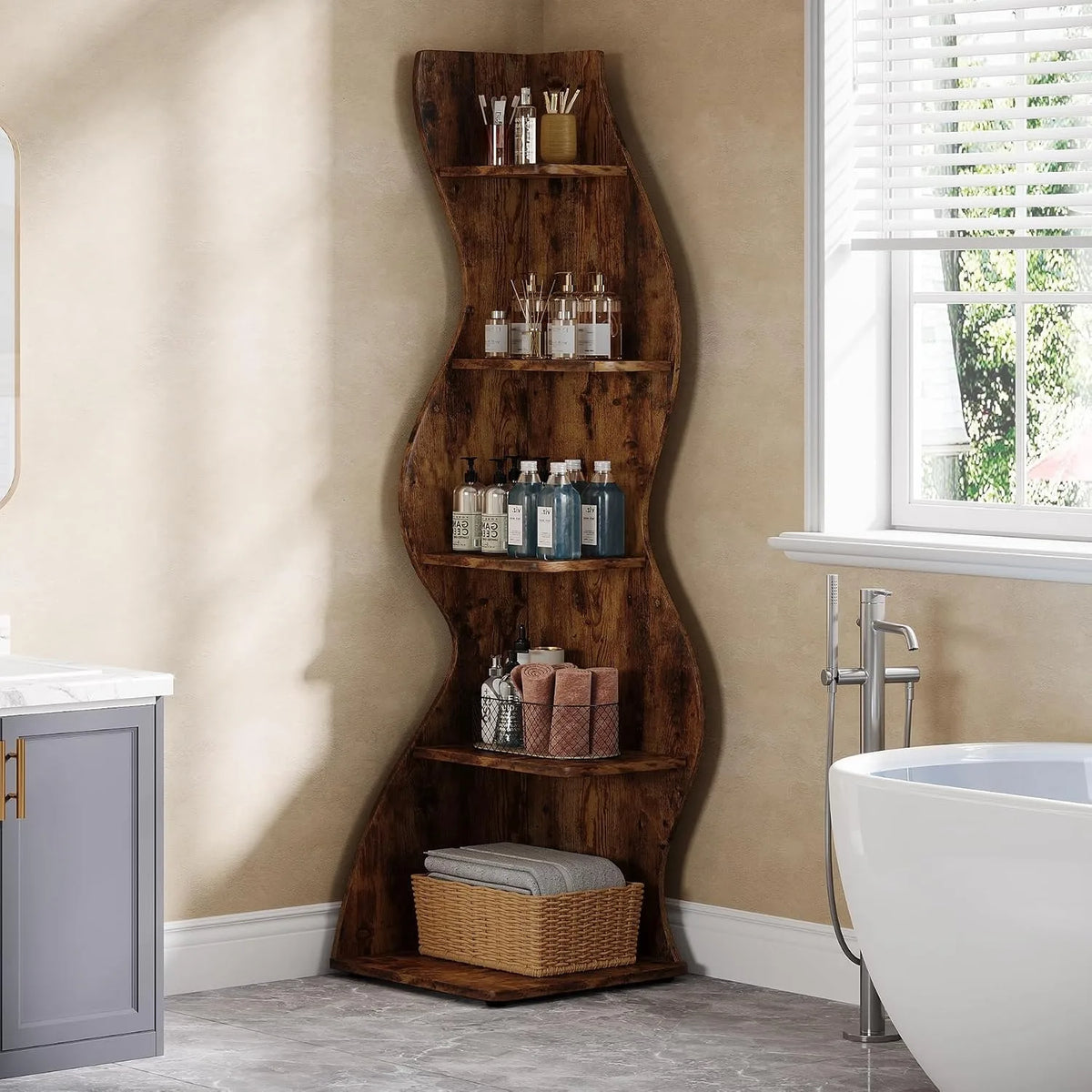 Modern Wavy Corner Shelf And Curved Display Bookcase