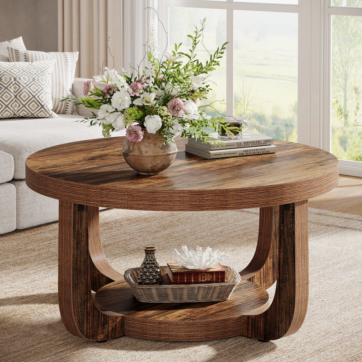Tribesigns Modern Round Coffee Table With Two Tier Storage
