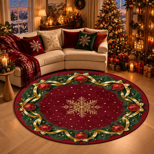 Round Velvet Rug Featuring Elegant Snowflake Wreath Floor Covering