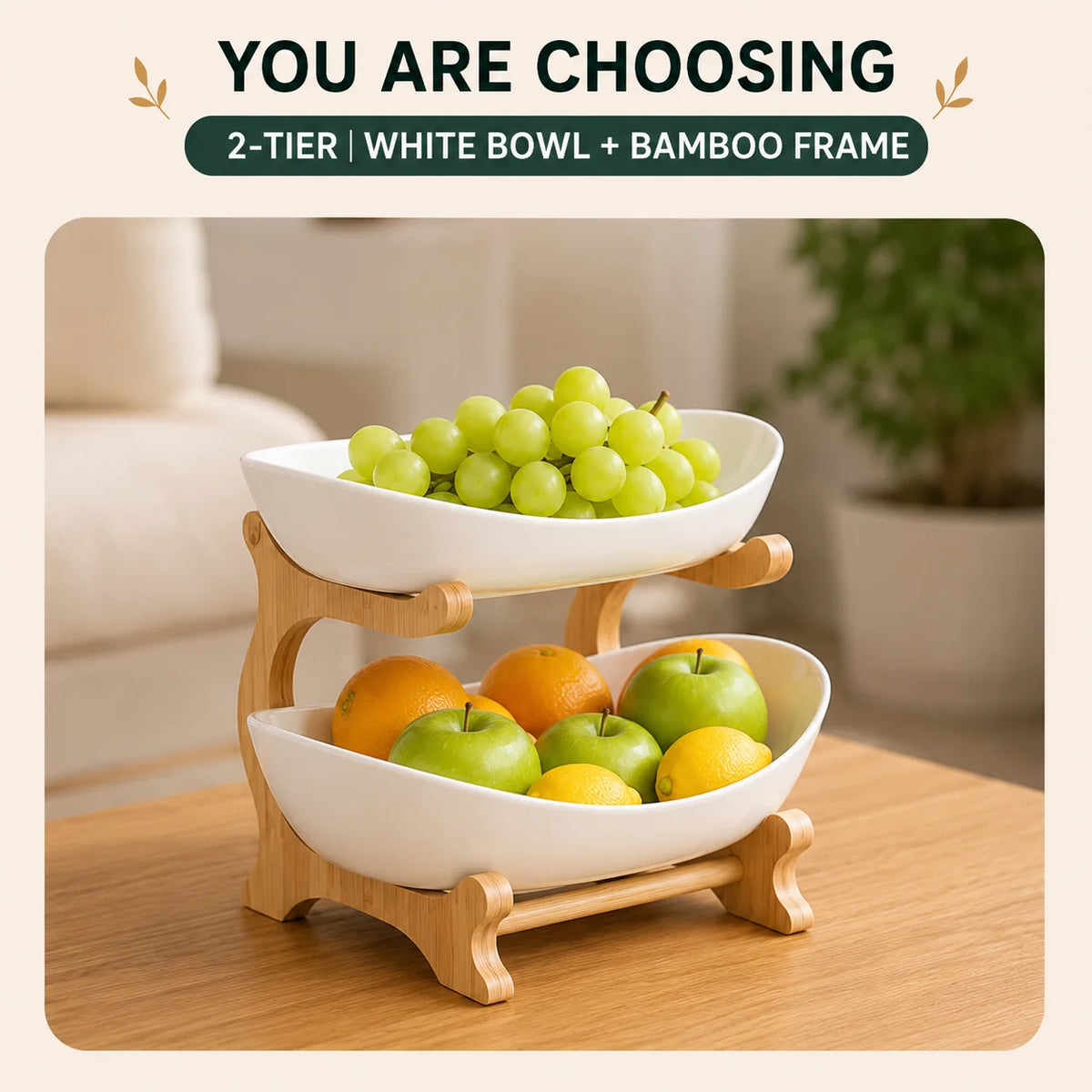 Multi Tier Plastic Fruit Bowl With Bamboo Frame Kitchen Stand