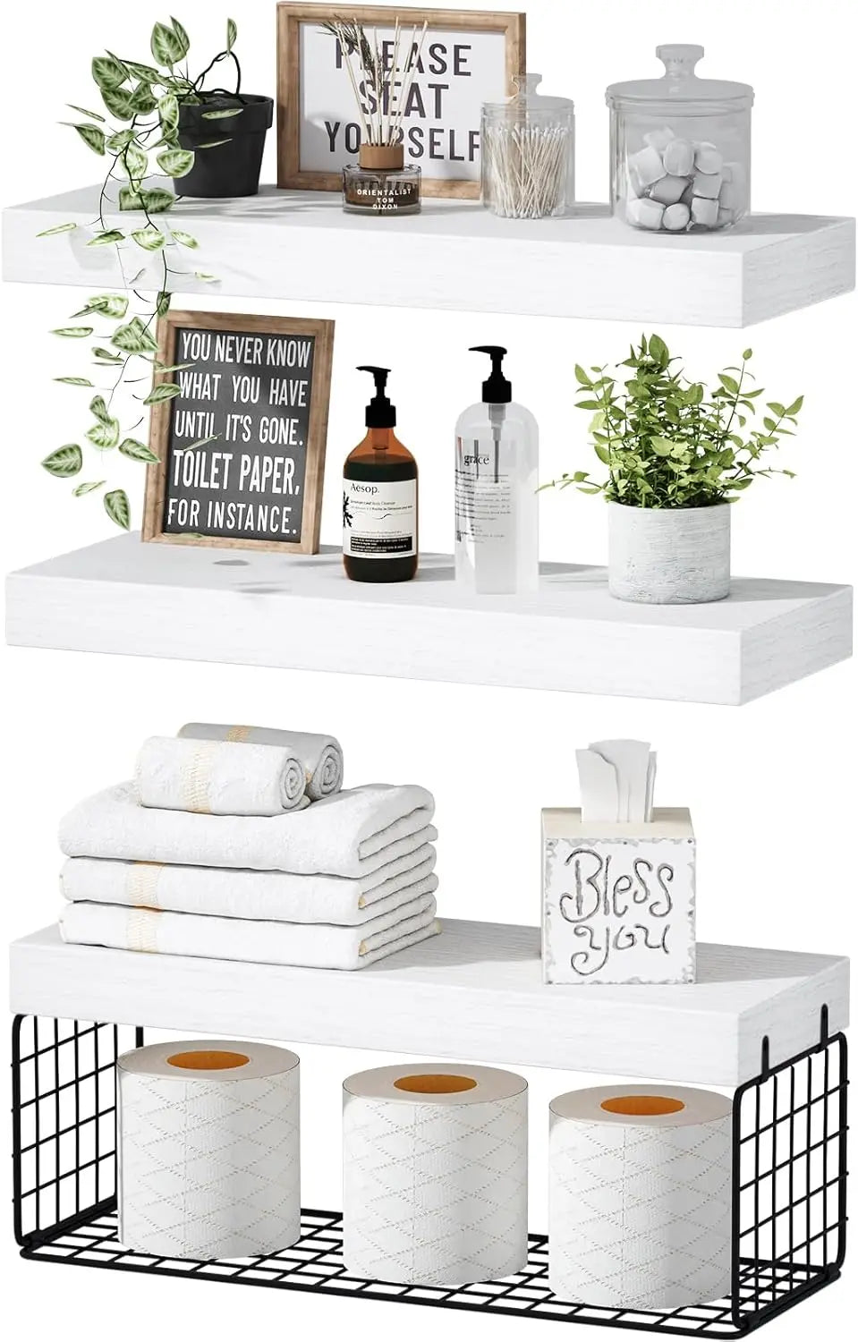 Elegant Over Toilet Wooden Shelf With Practical Storage Basket