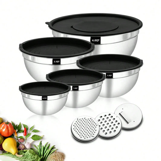 Stackable Stainless Steel Mixing Bowls With Lids And Grater Attachments