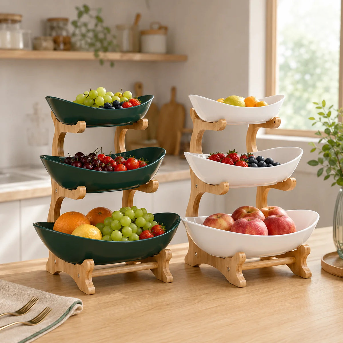 Multi Tier Plastic Fruit Bowl With Bamboo Frame Kitchen Stand