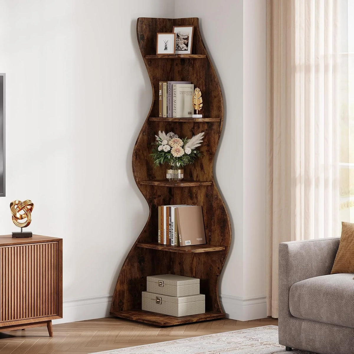 Modern Wavy Corner Shelf And Curved Display Bookcase