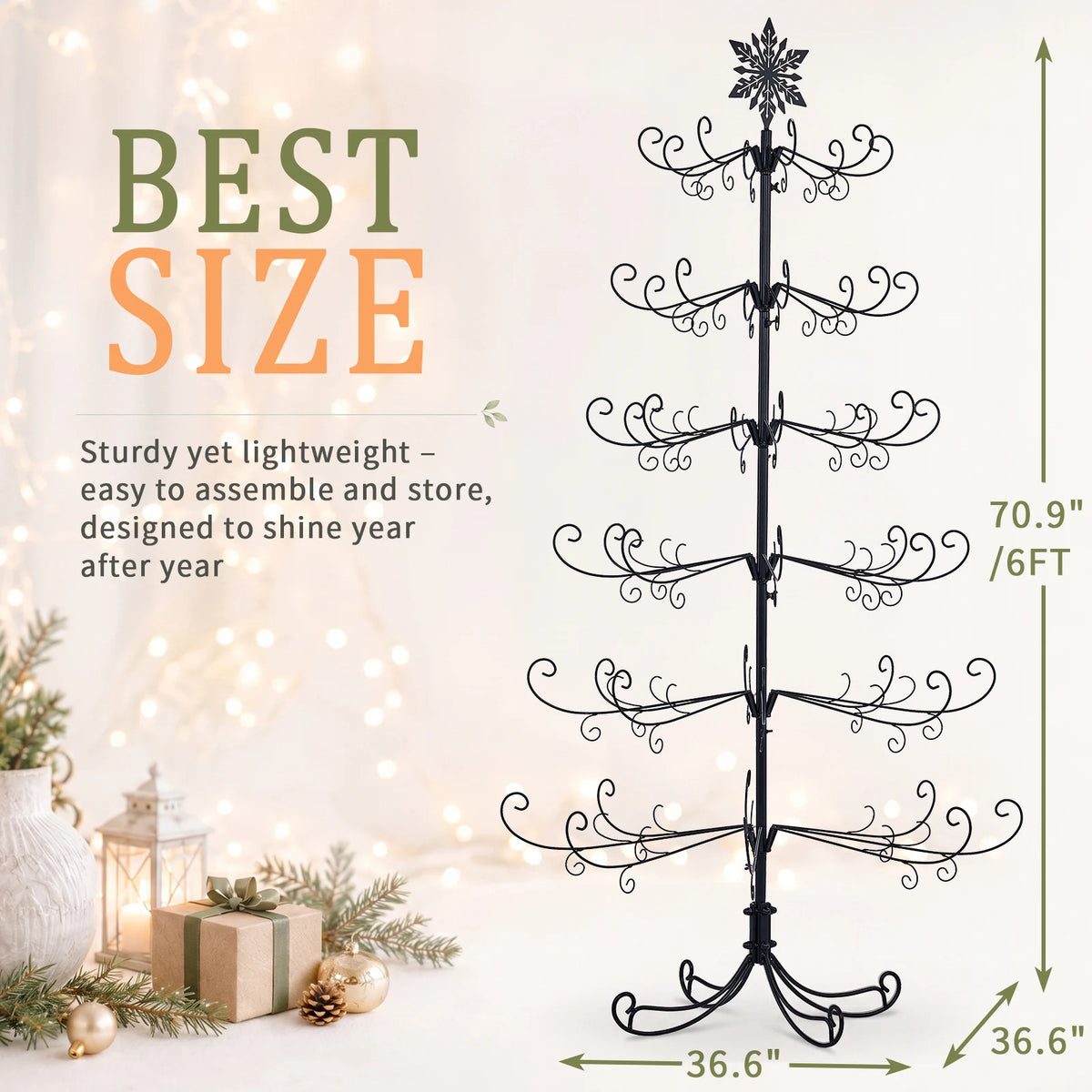 Wrought Iron Christmas Tree With Snowflake Top Display Ornament