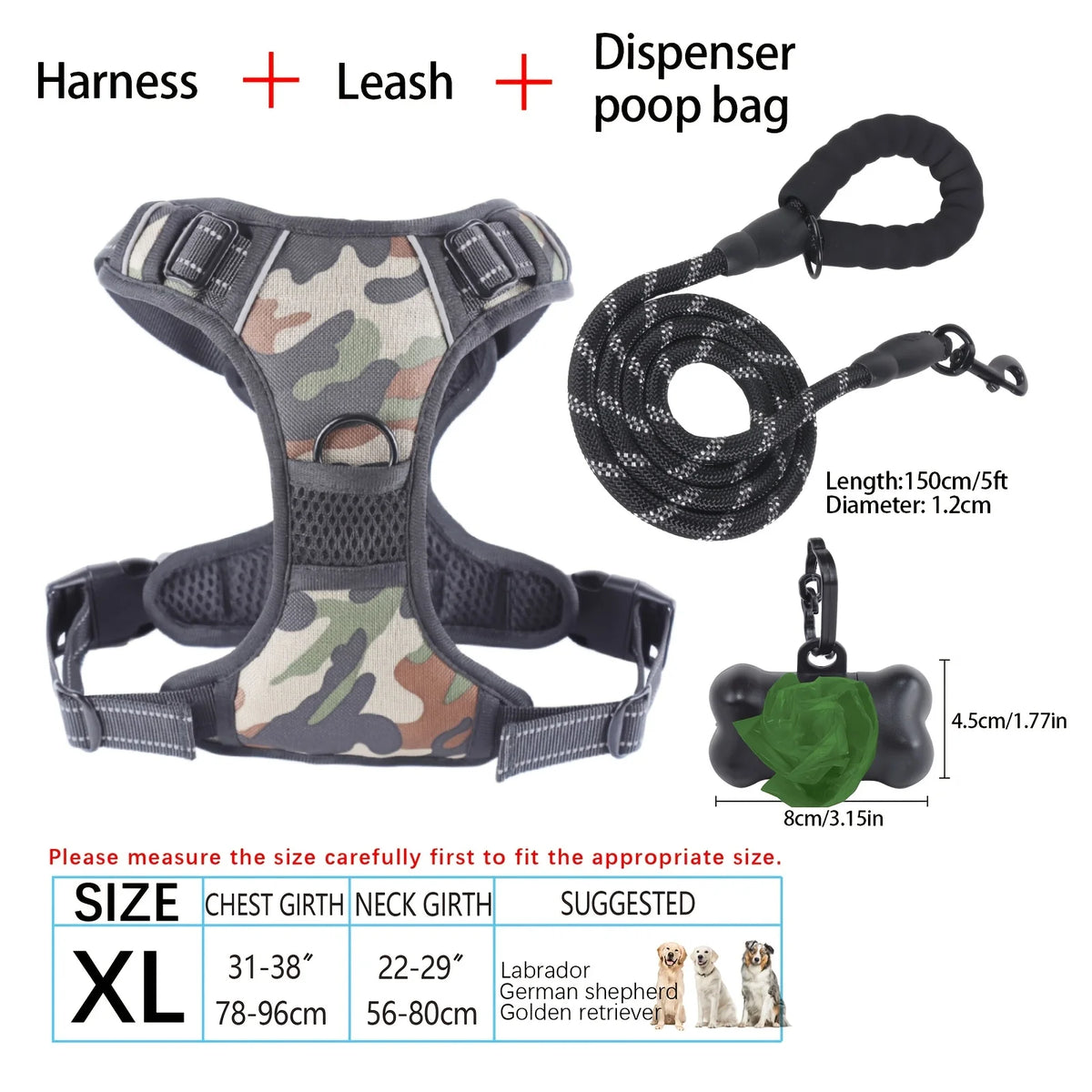 Reflective Adjustable Oxford Dog Harness With Poop Bag Dispenser