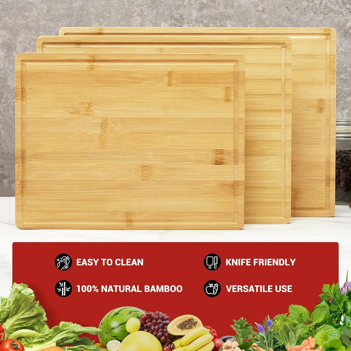 Three Piece Bamboo Cutting Board Set With Kitchen Stand