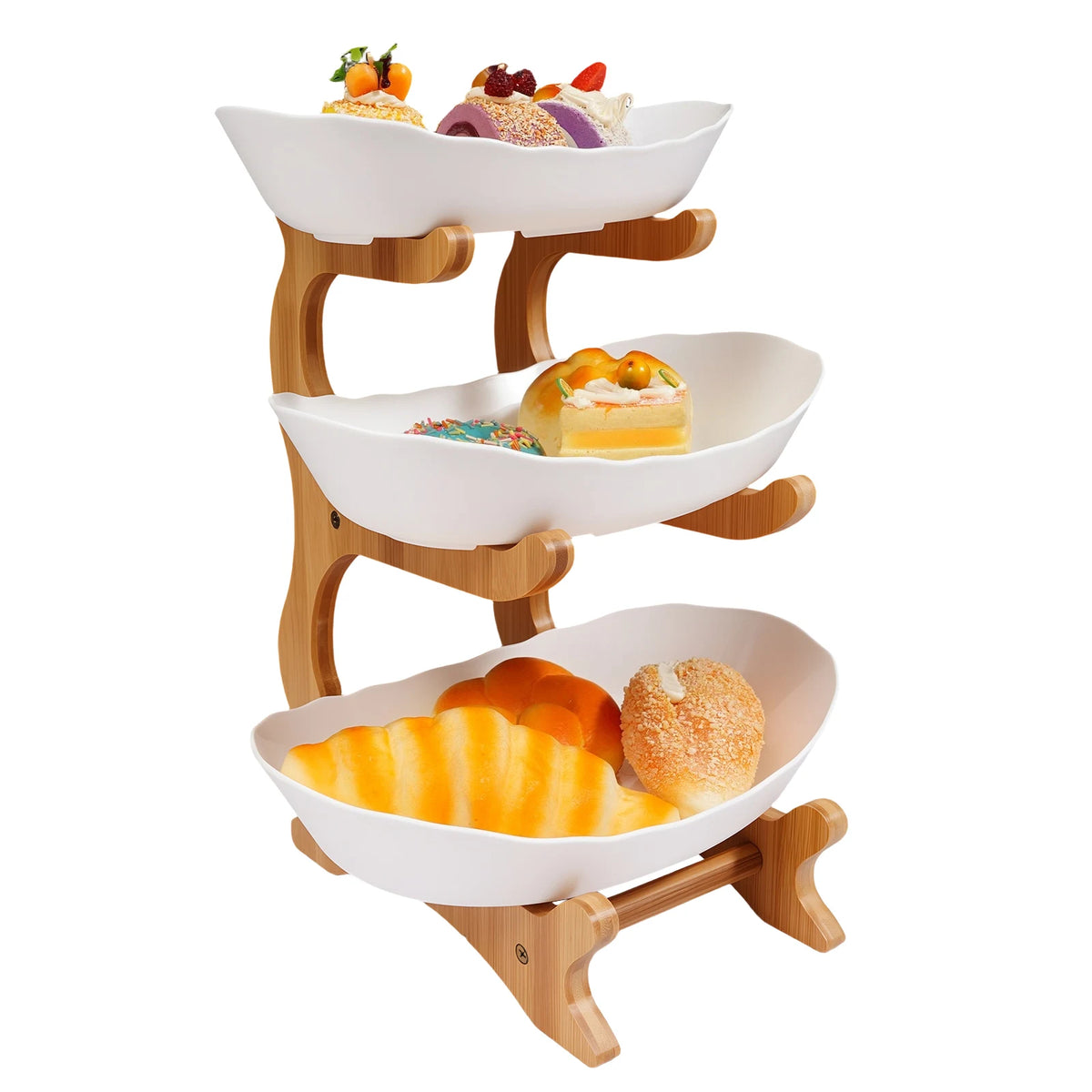 Three Tier Bamboo Kitchen Storage Rack With Ceramic Serving Bowls