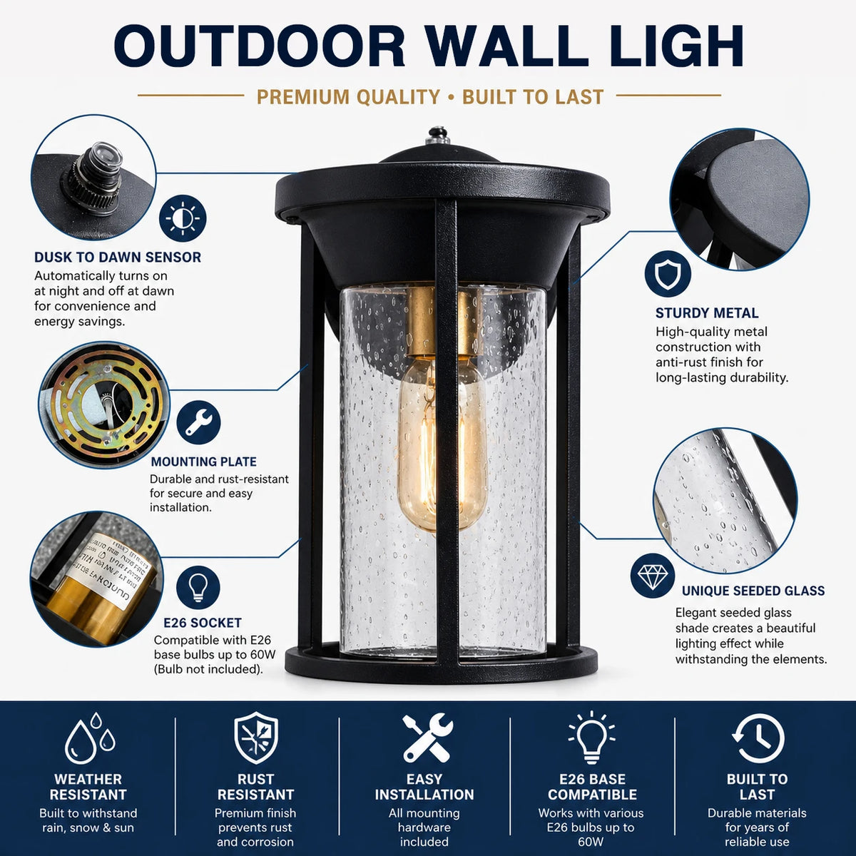 Weatherproof Outdoor Wall Lantern With Dusk To Dawn Light