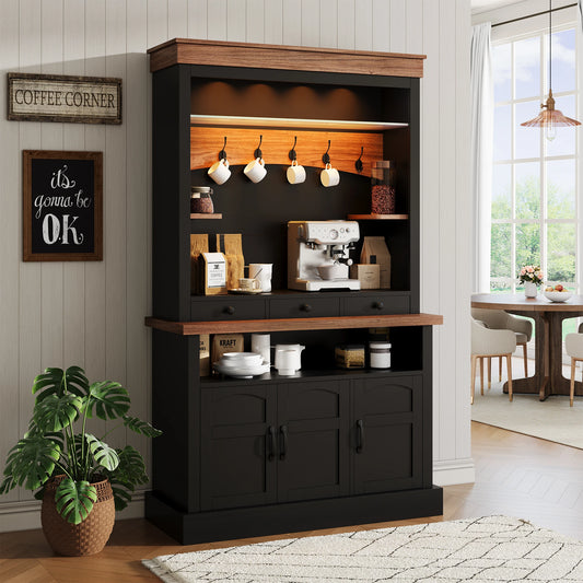 Farmhouse Bar Cabinet With LED Lights And Wooden Storage