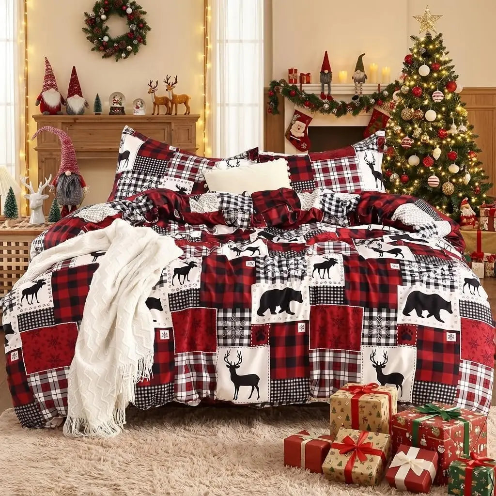 Three Piece Christmas Reversible Plaid Duvet Cover With Shams