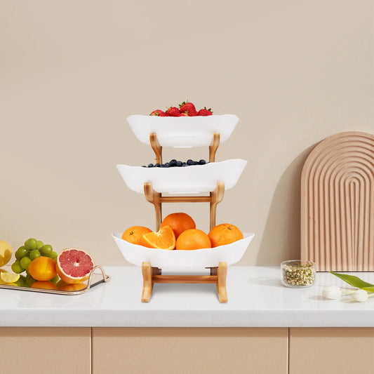 Three Tier Bamboo Kitchen Storage Rack With Ceramic Serving Bowls