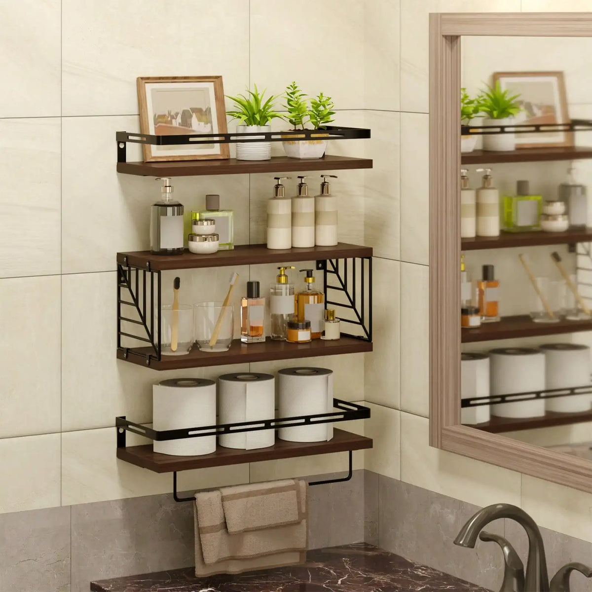 Wooden Wall Mounted Bathroom Floating Shelves With Towel Bar Bracket