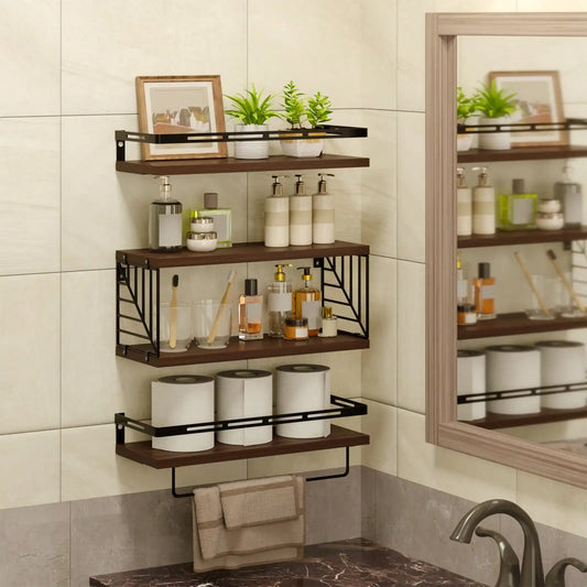 Wooden Wall Mounted Bathroom Floating Shelves With Towel Bar Bracket