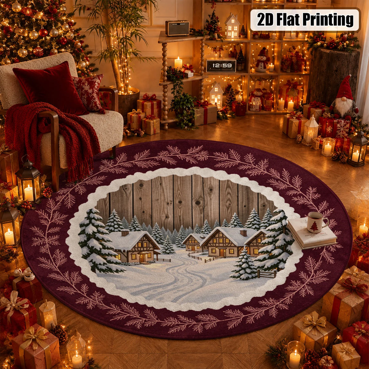Round Winter Pine Branch Velvet Rug Machine Washable Plush Design