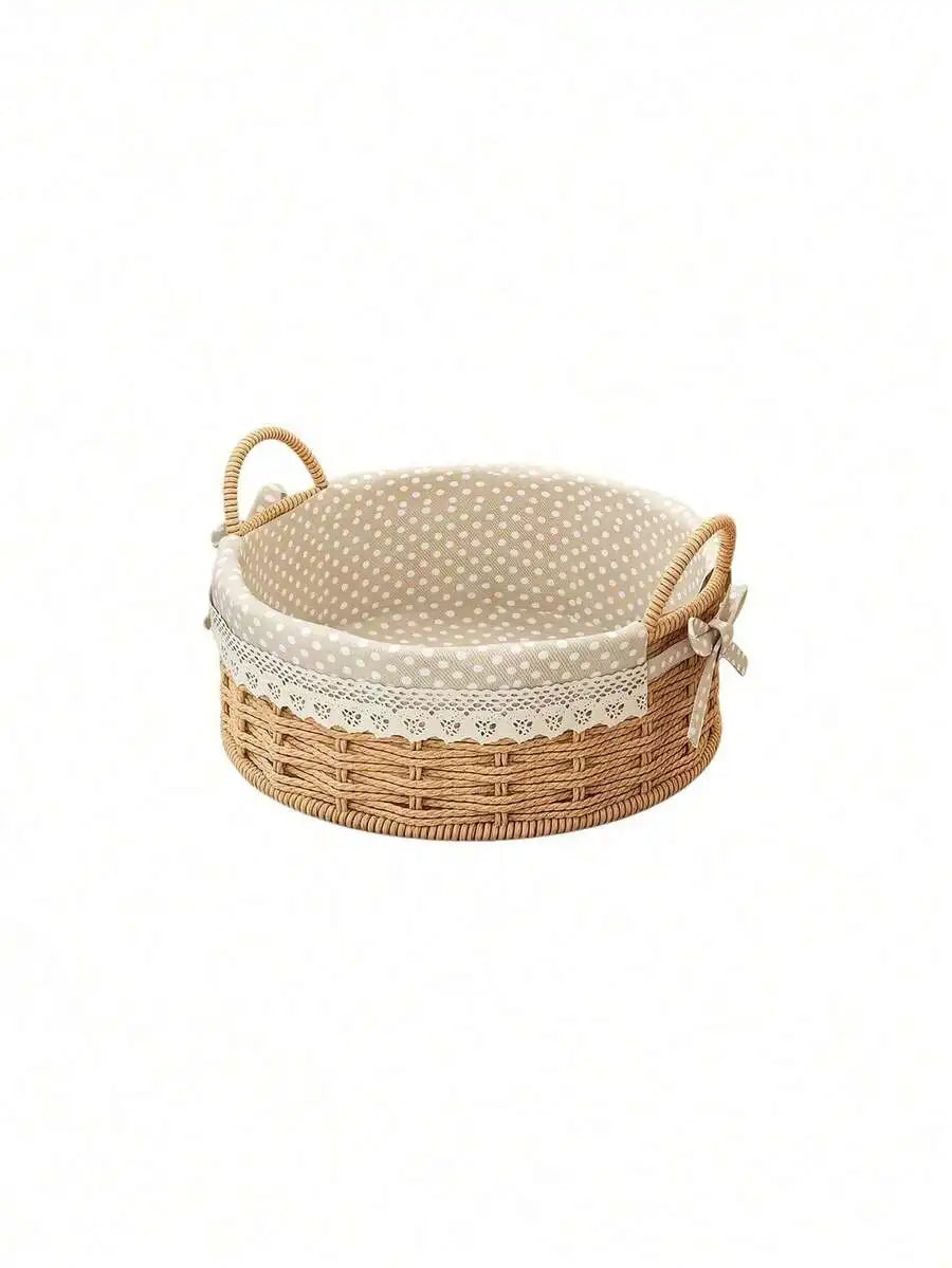 Natural Woven Wicker Basket With Lace Liner And Double Handles
