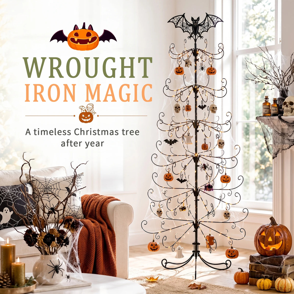 Wrought Iron Christmas Tree With Snowflake Top Display Ornament