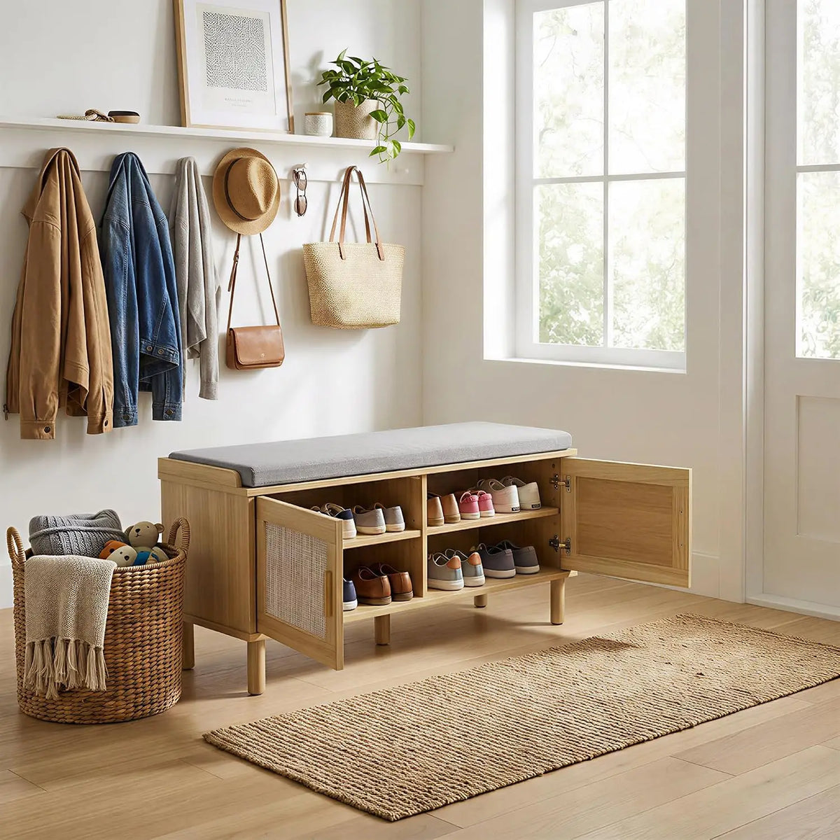 Garvee Cushioned Shoe Storage Bench With Adjustable Shelves