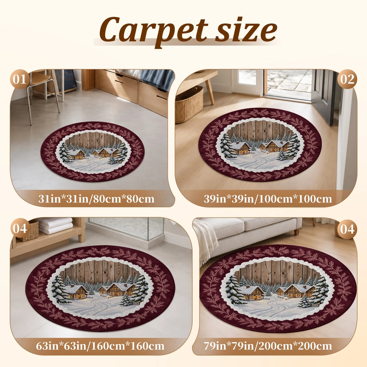Round Winter Pine Branch Velvet Rug Machine Washable Plush Design