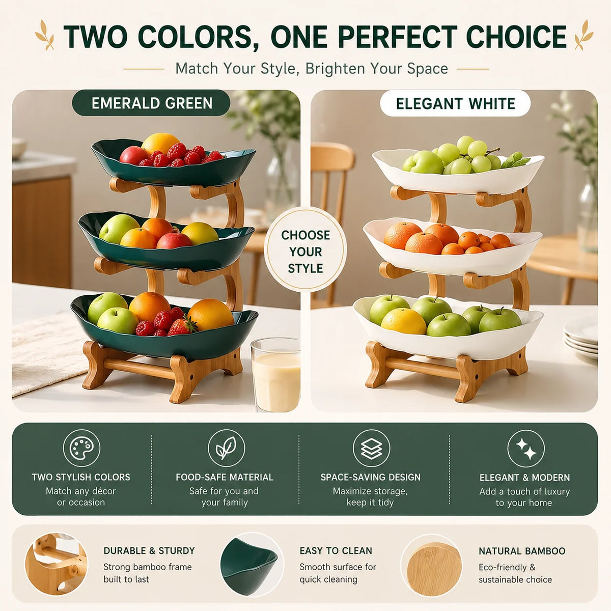 Multi Tier Plastic Fruit Bowl With Bamboo Frame Kitchen Stand