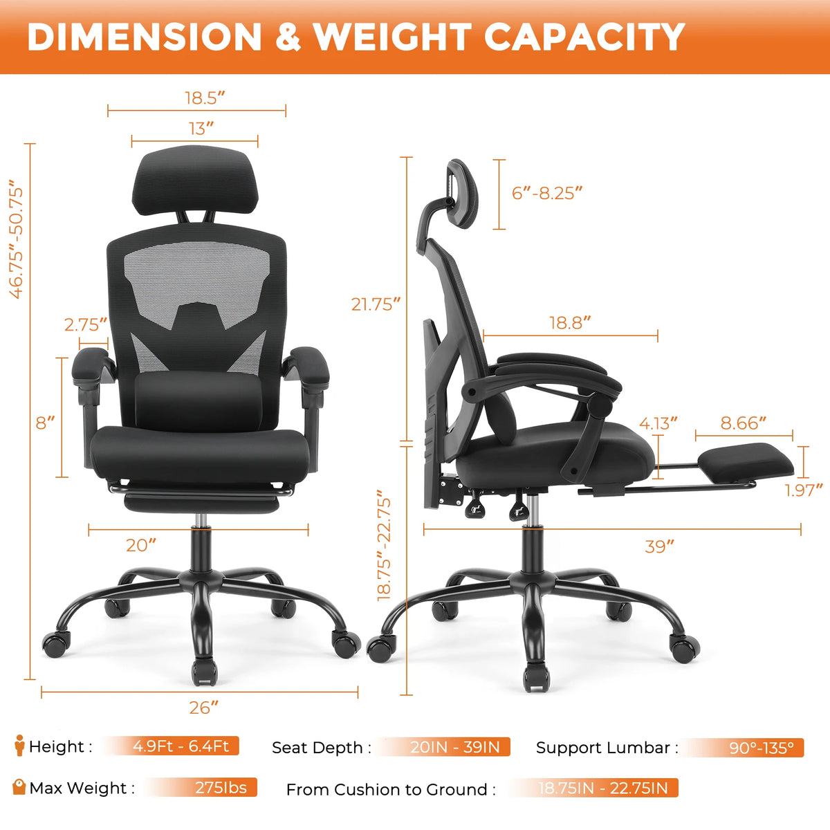 MCQ High Back Ergonomic Reclining Office Chair With Lumbar Support