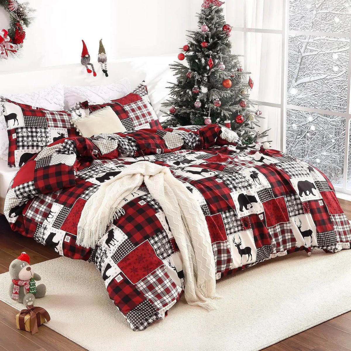 Three Piece Christmas Reversible Plaid Duvet Cover With Shams