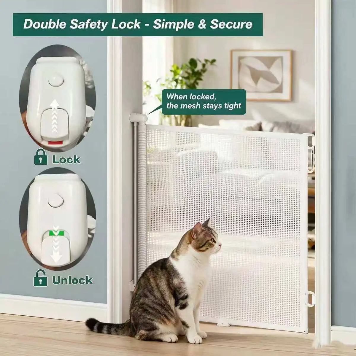 Booteely Retractable Pet Gate With Double Lock Mesh Safety Barrier