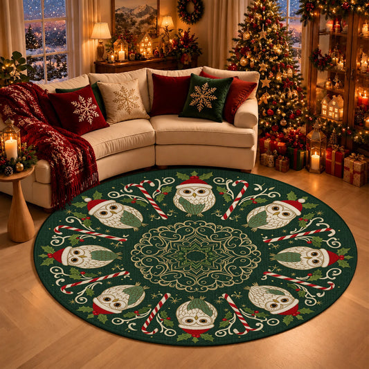 Christmas Owl Candy Cane Plush Velvet Area Rug Living Room