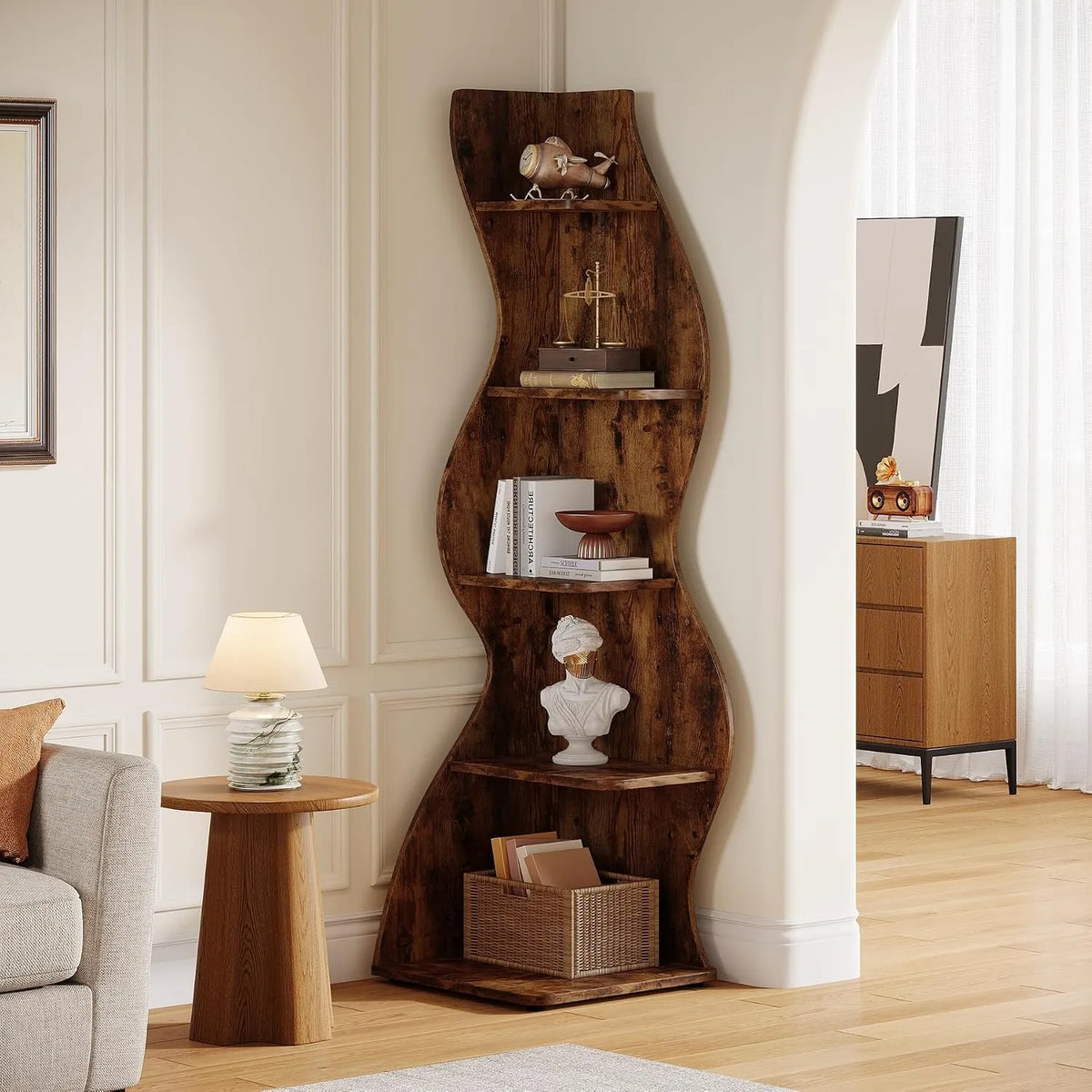 Modern Wavy Corner Shelf And Curved Display Bookcase