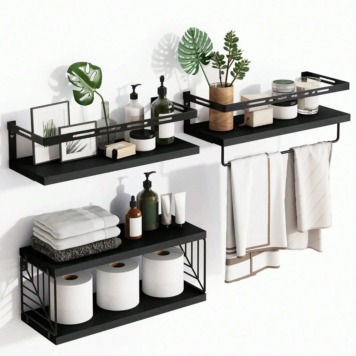Wooden Wall Mounted Bathroom Floating Shelves With Towel Bar Bracket