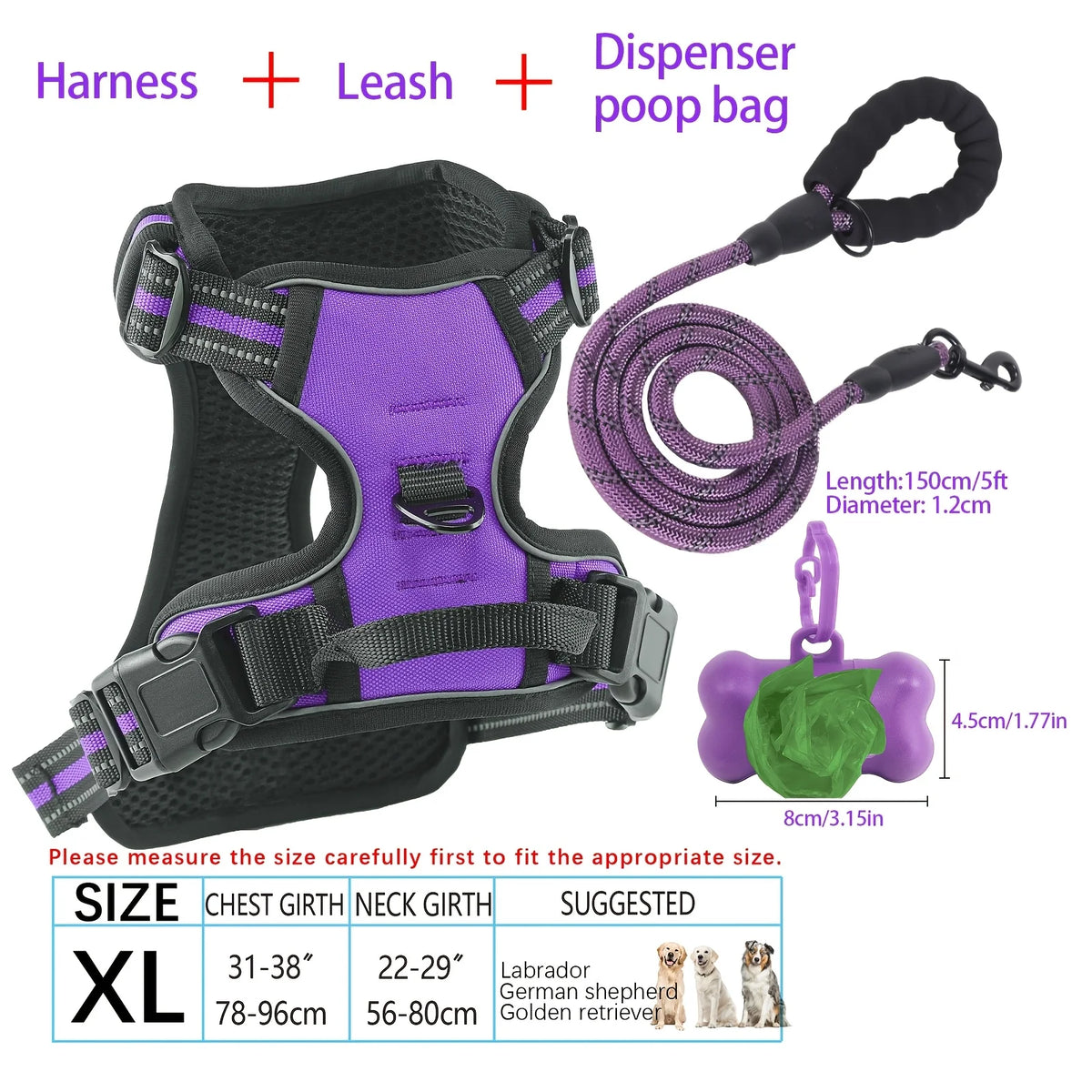 Reflective Adjustable Oxford Dog Harness With Poop Bag Dispenser