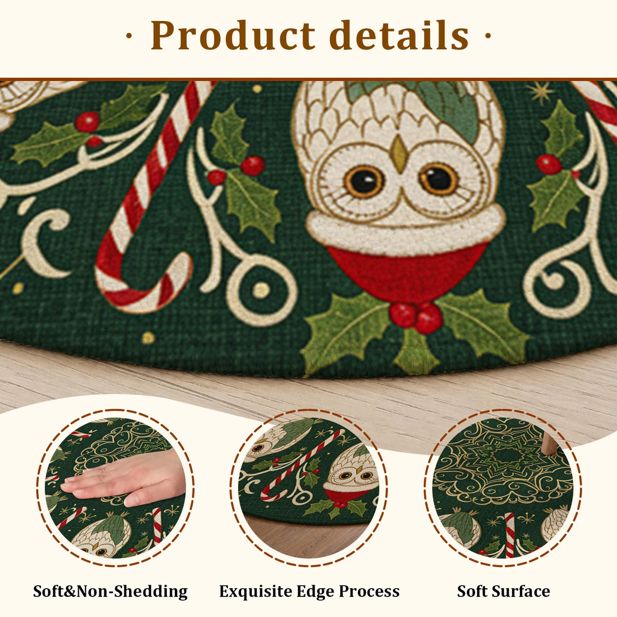 Christmas Owl Candy Cane Plush Velvet Area Rug Living Room