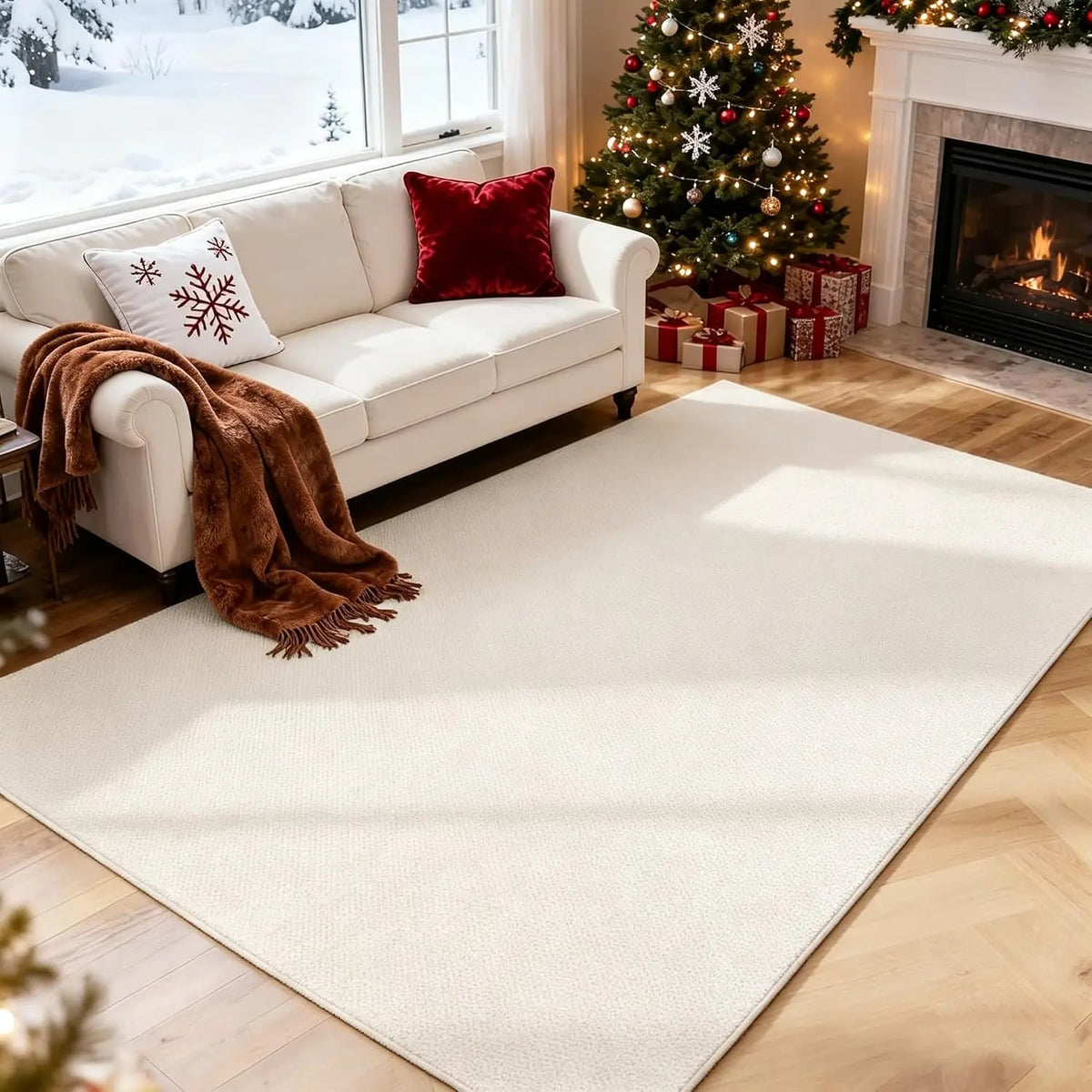 Handwoven Natural Wool Area Rug With Plant Pattern Design