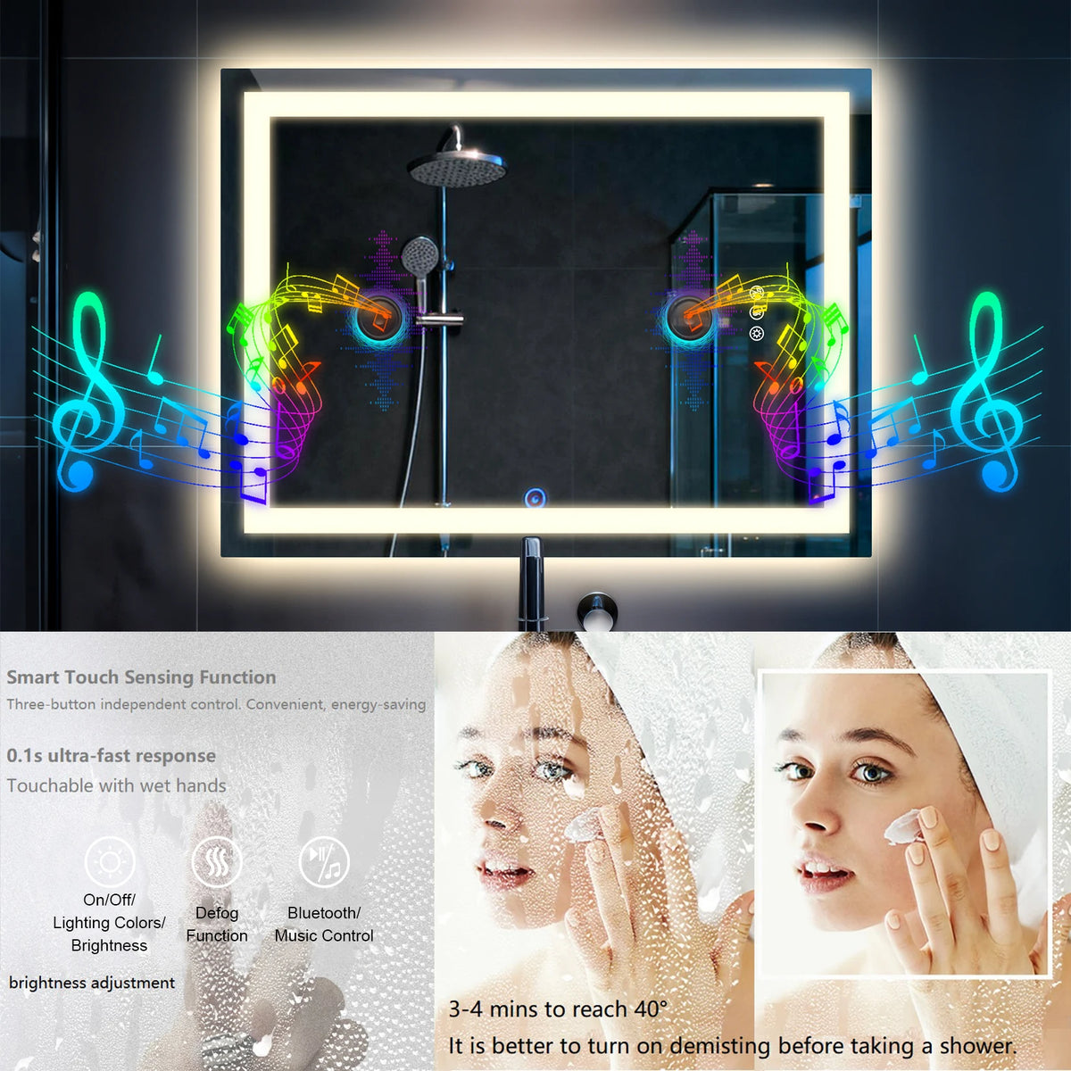 Borwart Anti Fog Led Mirror Tempered Glass Bathroom Dual Speaker