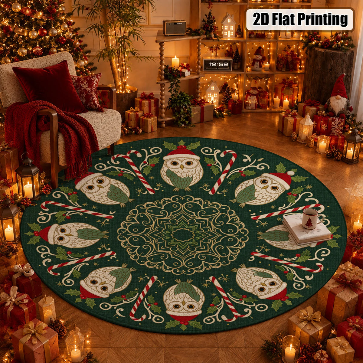Christmas Owl Candy Cane Plush Velvet Area Rug Living Room