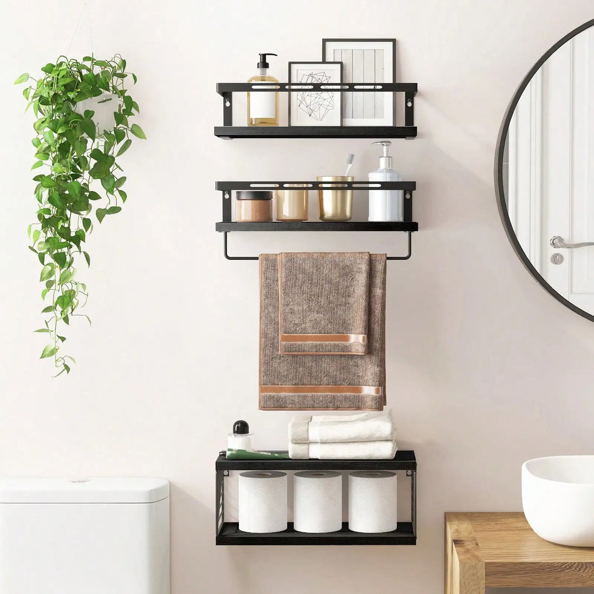Wooden Wall Mounted Bathroom Floating Shelves With Towel Bar Bracket