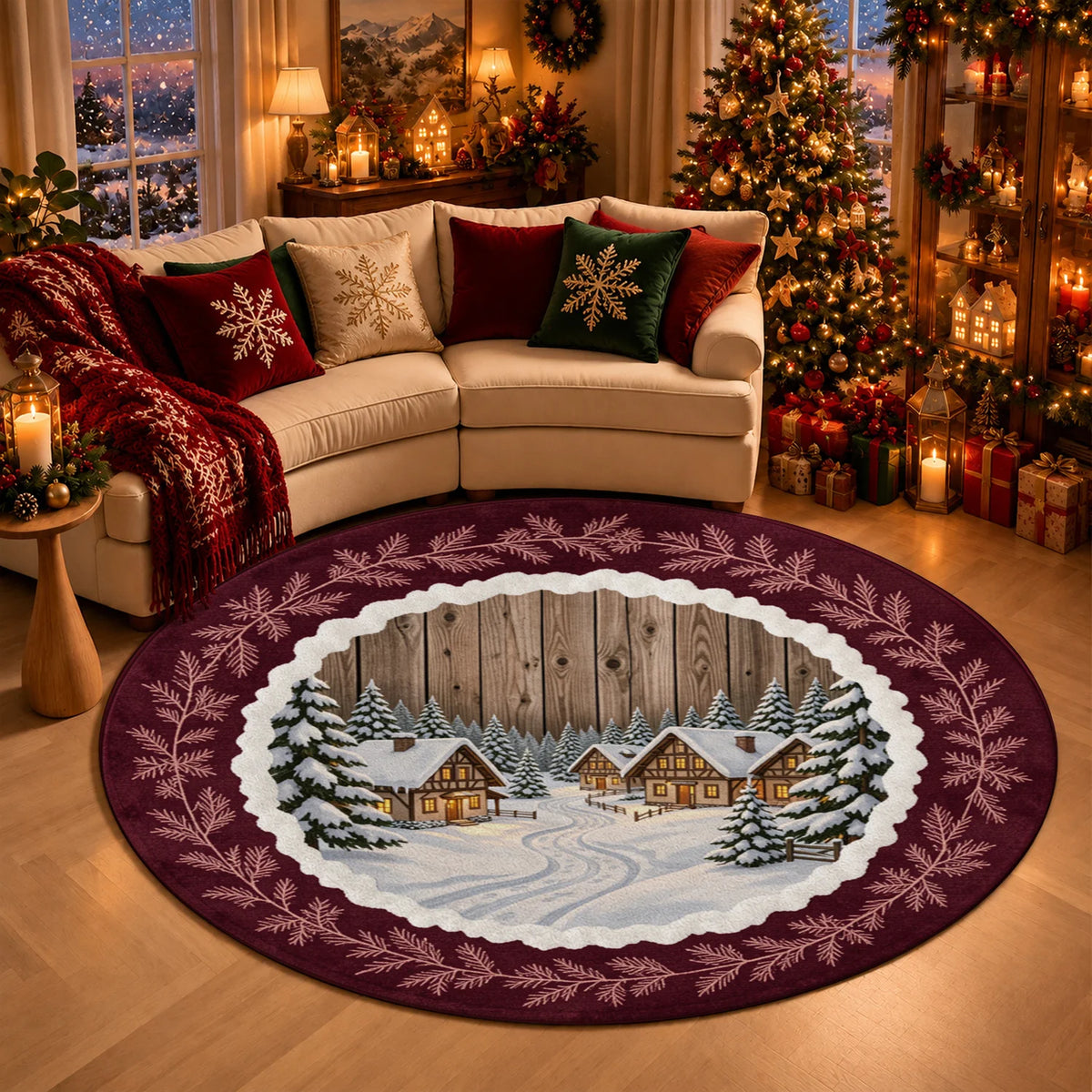 Round Winter Pine Branch Velvet Rug Machine Washable Plush Design
