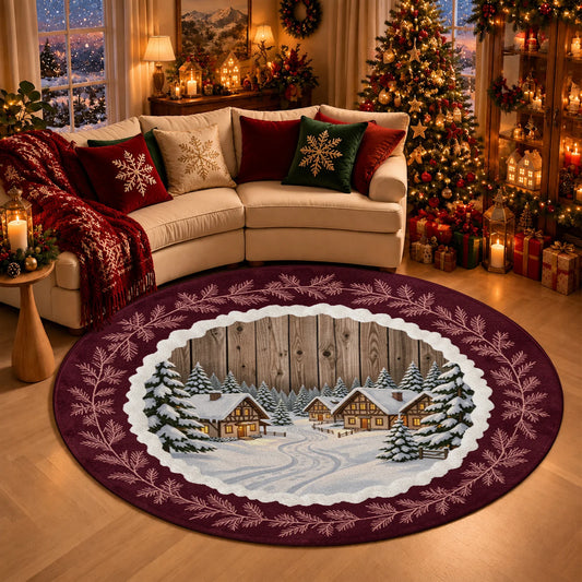 Round Winter Pine Branch Velvet Rug Machine Washable Plush Design