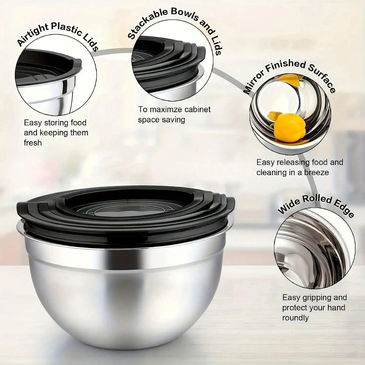 Stackable Stainless Steel Mixing Bowls With Lids And Grater Attachments